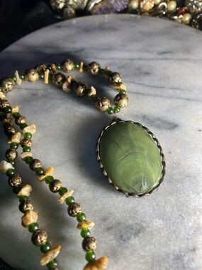Rhyolite & Brass Necklace W Agate 22” Long - Uniquely Beautiful